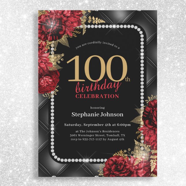 Invitación Elegante Black Gold Red Floral 100 cumpleaños (Mockup View)