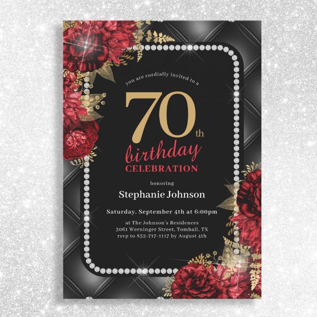 Invitación Elegante Black Gold Red Floral 70 cumpleaños (Mockup View)