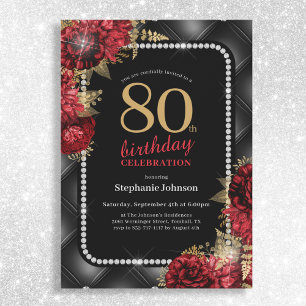 Invitación Elegante Black Gold Red Floral 80th Birthday Party