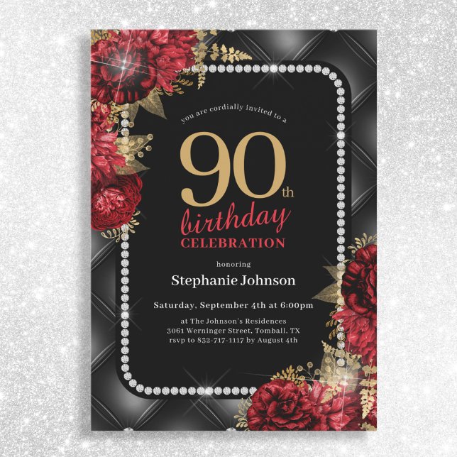 Invitación Elegante Black Gold Red Floral 90 cumpleaños (Mockup View)