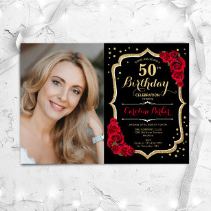 Invitación Elegante Black Gold Red Photo 50 cumpleaños