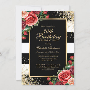 Invitación Elegante Black Gold Red Rose Floral 30 cumpleaños