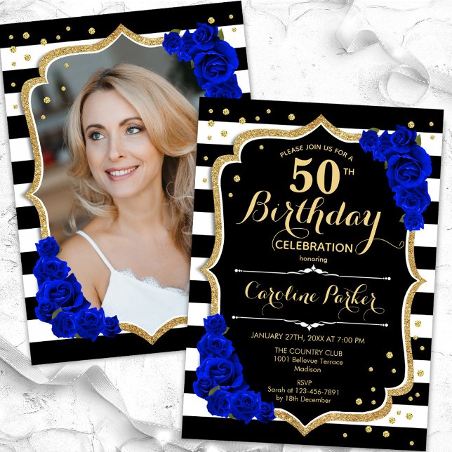Invitación Elegante Black Gold Royal Blue Photo 50 cumpleaños (Subido por el creador)