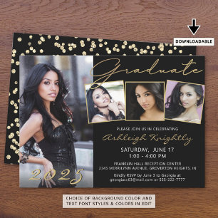 Invitación Elegante Black Gold Script 4 Photo Graduate
