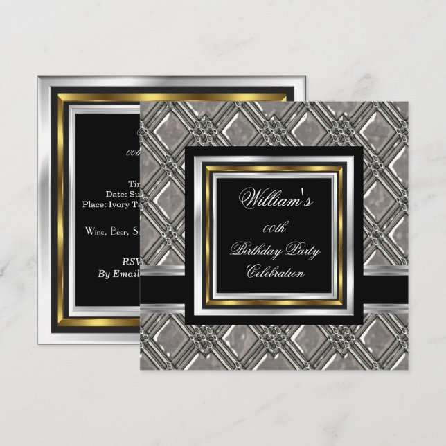 Invitación Elegante Black Gold Silver Cumpleaños Metalizado 2 (Anverso / Reverso)