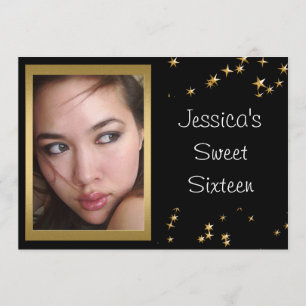 Invitación Elegante Black Gold Stars Foto Sweet 16