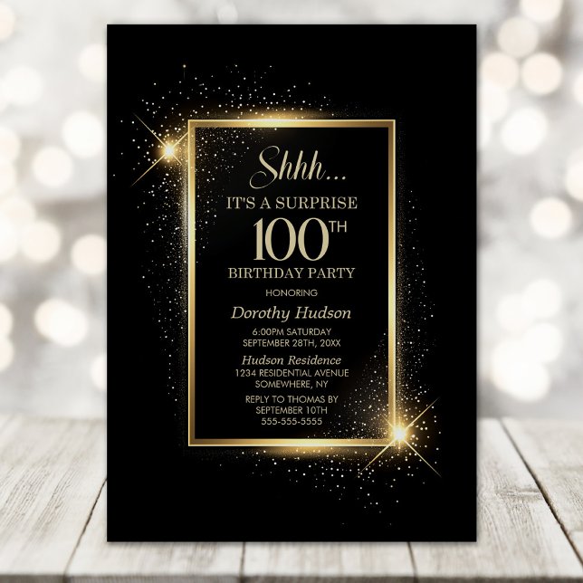 Invitación Elegante Black Gold Surprise Fiesta de los 100 Año (Subido por el creador)