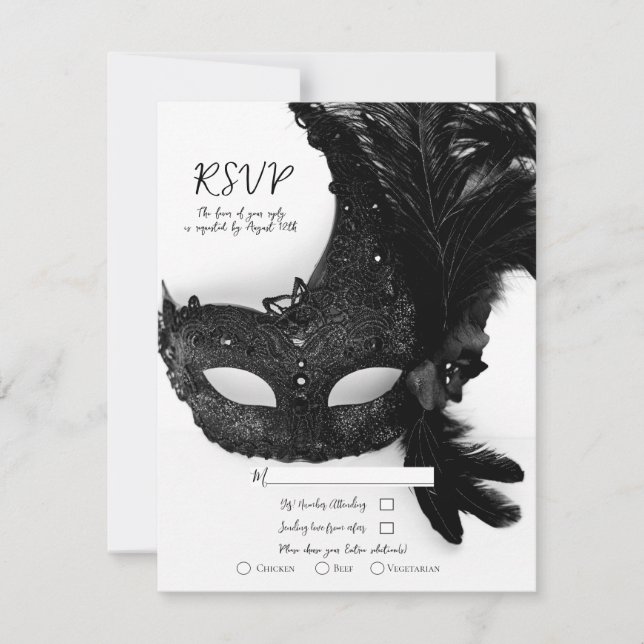 Invitación Elegante Black Masquerade Mask Wedding RSVP (Anverso)
