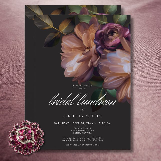 Invitación Elegante Black Moody Floral Bridal Luncheon (Elegant Black Moody Floral Bridal Luncheon Invitation)