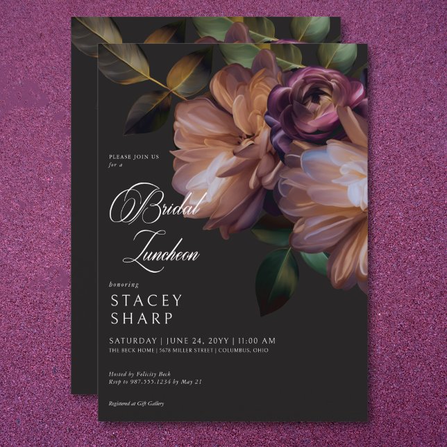 Invitación Elegante Black Moody Floral Bridal Luncheon (Elegant Black Moody Floral Bridal Luncheon Invitation)
