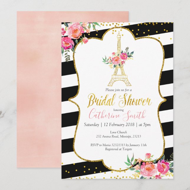 Invitación Elegante Black Paris Floral Romántica Bridal Showe (Anverso / Reverso)