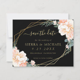 Invitación Elegante Black Peach Gold Floral Save the Date