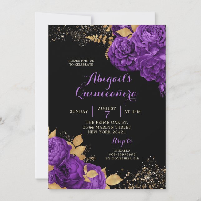 Invitación Elegante Black Purple Gold Stiletto Quinceañera (Anverso)