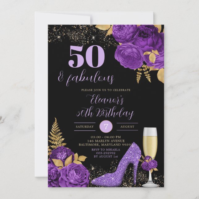 Invitación Elegante Black Purple Stiletto Heel Floral Cumplea (Anverso)