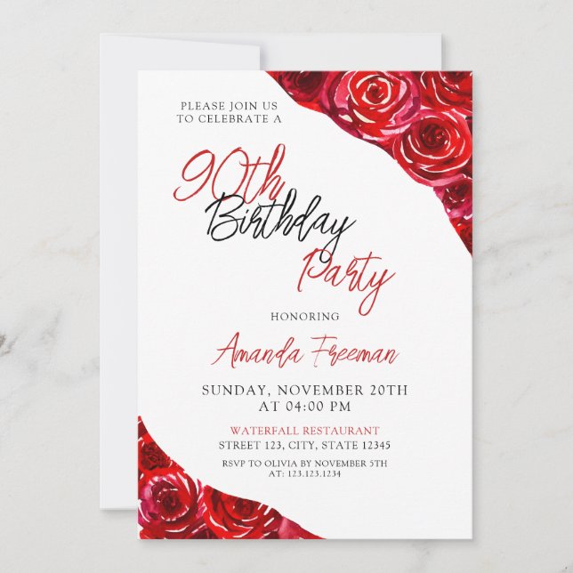 Invitación Elegante Black & Red Rose 90 cumpleaños (Anverso)