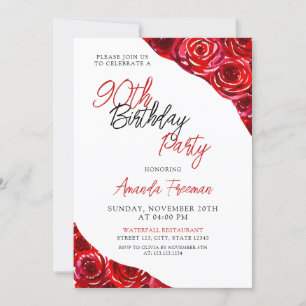 Invitación Elegante Black & Red Rose 90 cumpleaños