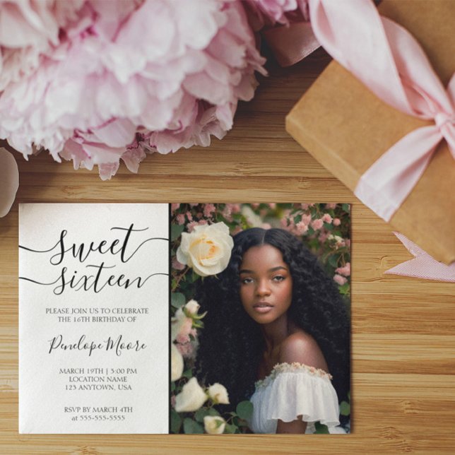 Invitación Elegante Black Script Sweet 16 Birthday Photo (Subido por el creador)
