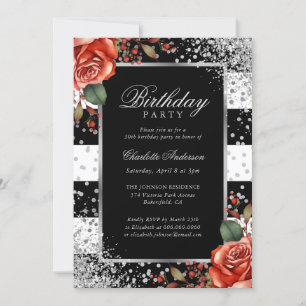 Invitación Elegante Black Silver Confetti Red Rose Cumpleaños