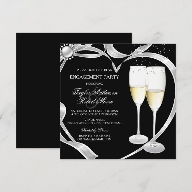 Invitación Elegante Black Silver y Gold Engagement Party (Anverso / Reverso)