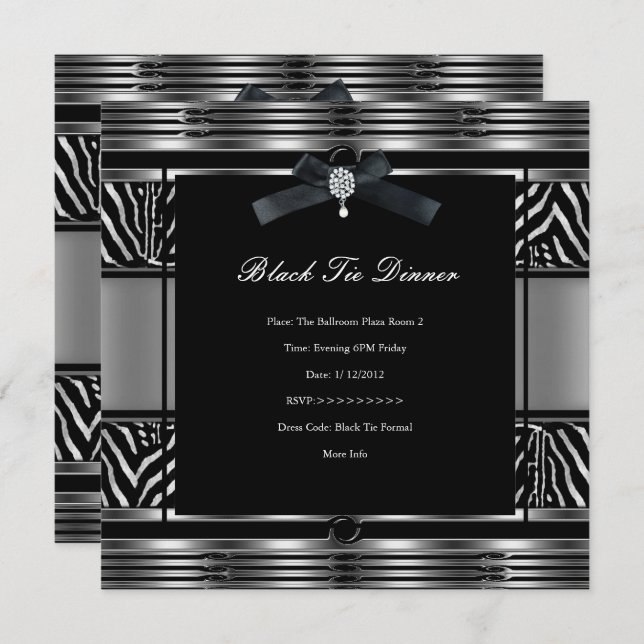 Invitación Elegante Black Tie Dinner Zebra Silver negro (Anverso / Reverso)