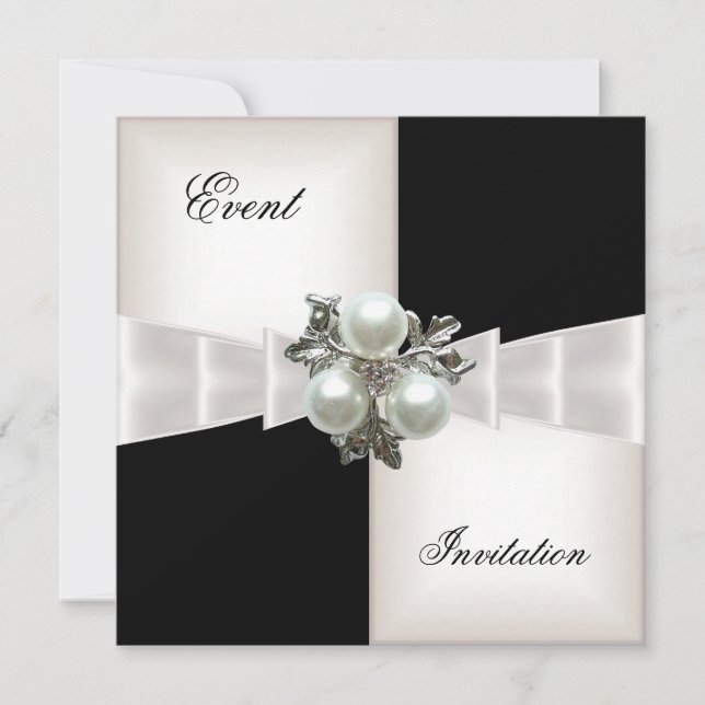 Invitación Elegante Black White Check Pearl Jewel Bow (Anverso)