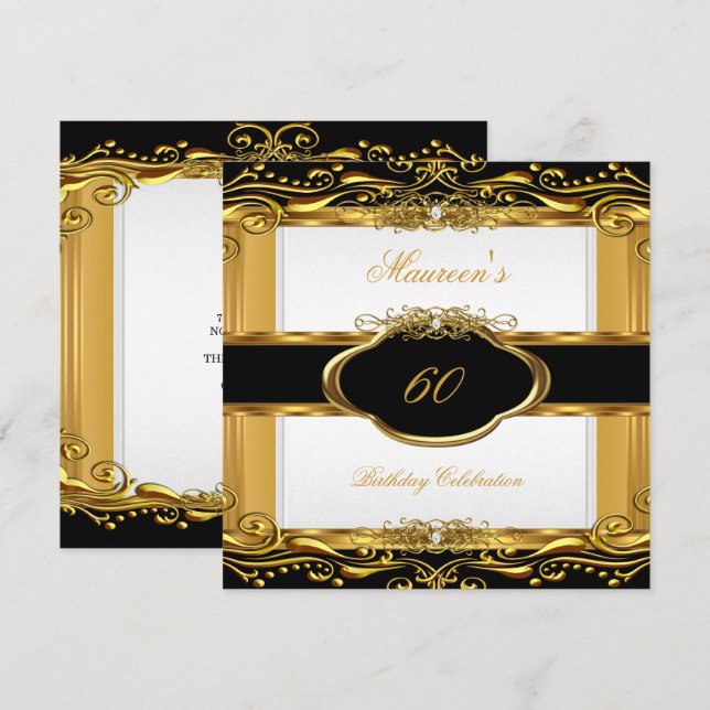 Invitación Elegante Black White Gold Fiesta de cumpleaños núm (Anverso / Reverso)