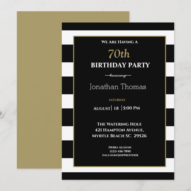Invitación Elegante Black White Gold Mens 70 cumpleaños (Anverso / Reverso)