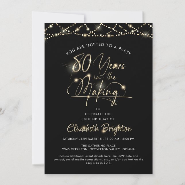 Invitación Elegante Black White Gold Script 80 cumpleaños (Anverso)