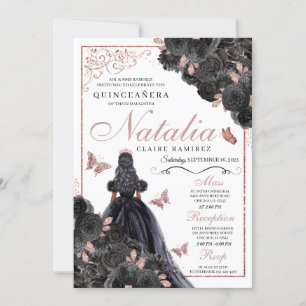 Invitación Elegante Black y Rosa Gold Floral Quinceanera Inv