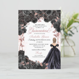 Invitación Elegante Black y Rosa Gold Floral Quinceanera Inv