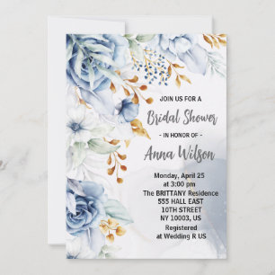 Invitación elegante blanco azul y dorado floral ducha nupcial