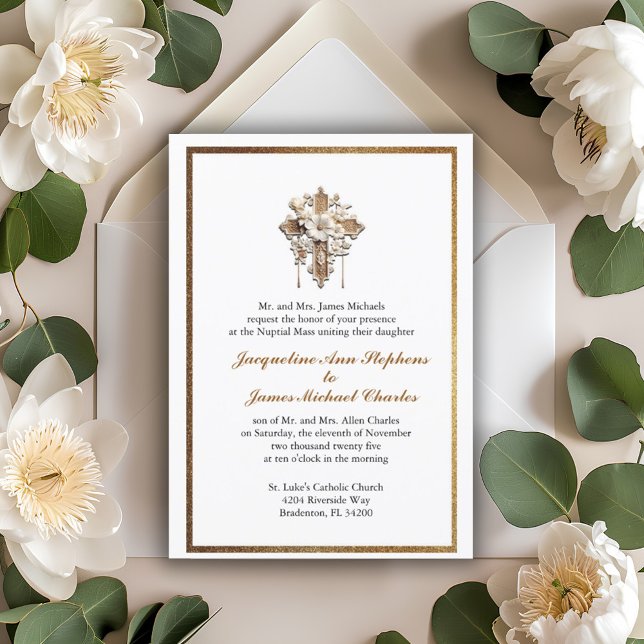 Invitación Elegante blanco con Boda de guarnición de oro (Subido por el creador)