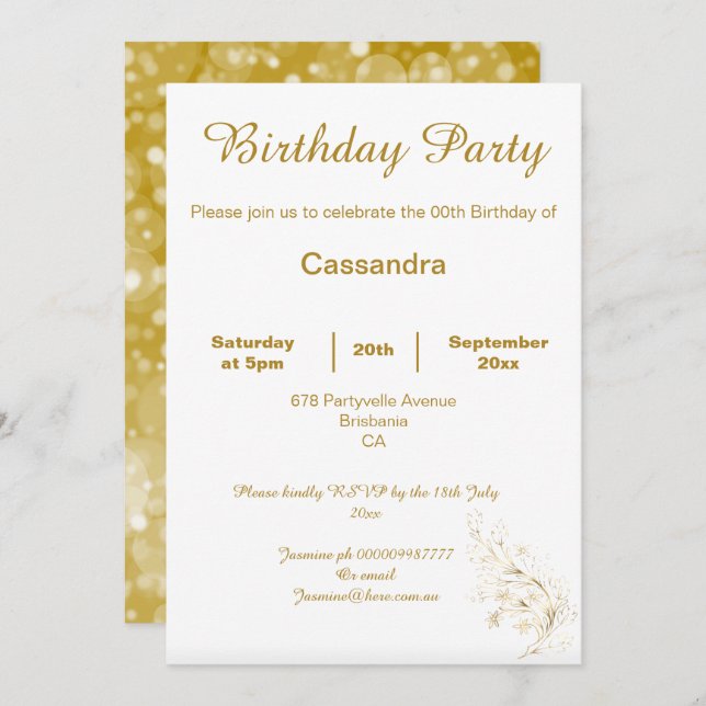 INVITACIÓN ELEGANTE BLANCO DE ORO DERRIBA AL PERSONALIZADO CU (Anverso / Reverso)
