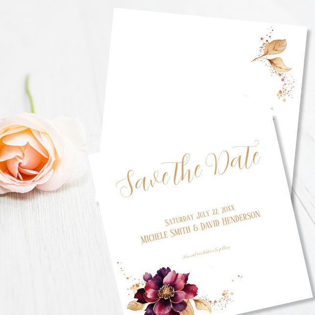 Invitación Elegante blanco dorado borgoña salva la fecha (Subido por el creador)