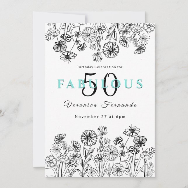 Invitación Elegante blanco floral de 50 años (Anverso)