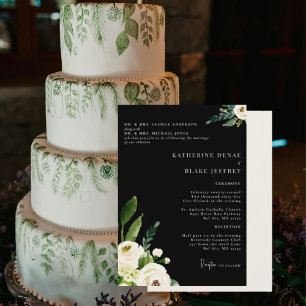 Invitación Elegante blanco floral negro y crema 2 vena