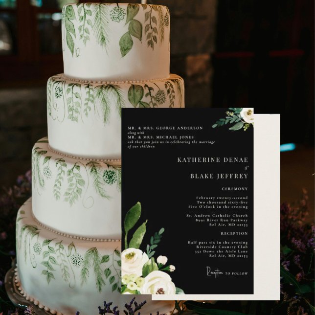 Invitación Elegante blanco floral negro y crema 2 vena (Subido por el creador)
