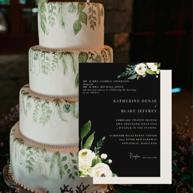 Invitación Elegante blanco floral negro y crema ambos padres (Subido por el creador)
