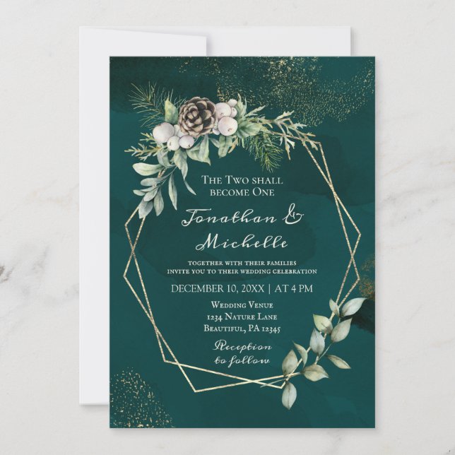 Invitación Elegante blanco invernal sobre Boda cristiano verd (Anverso)