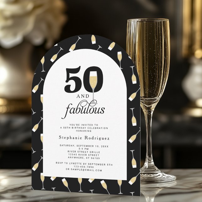 Invitación Elegante blanco negro 50 fabuloso cumpleaños (Shown on a 5" x 7" arch shape invitation)