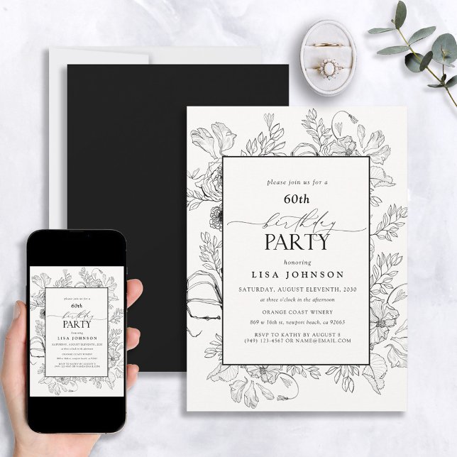 Invitación Elegante blanco negro 60 cumpleaños línea floral a (Subido por el creador)