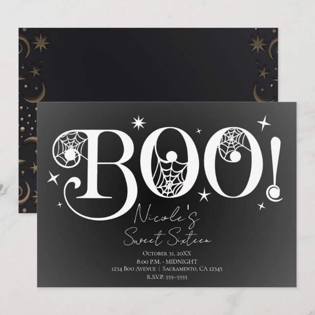 Invitación Elegante Blanco Negro BOO Mágico Halloween Cumplec (Anverso / Reverso)