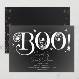 Invitación Elegante Blanco Negro BOO Mágico Halloween Cumplec