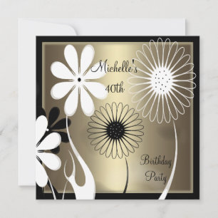 Invitación Elegante blanco negro de bronce floral 40 cumpleañ