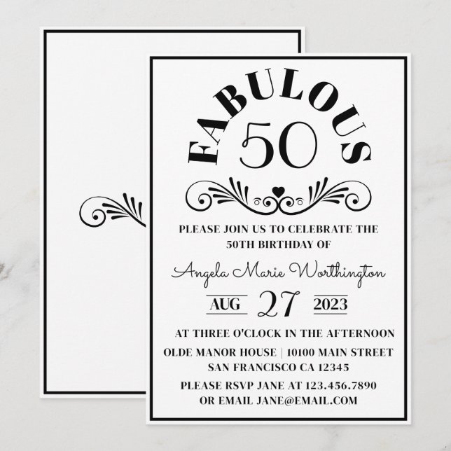 Invitación Elegante blanco negro moderno Fabuloso Cincuenta F (Anverso / Reverso)
