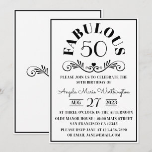 Invitación Elegante blanco negro moderno Fabuloso Cincuenta F