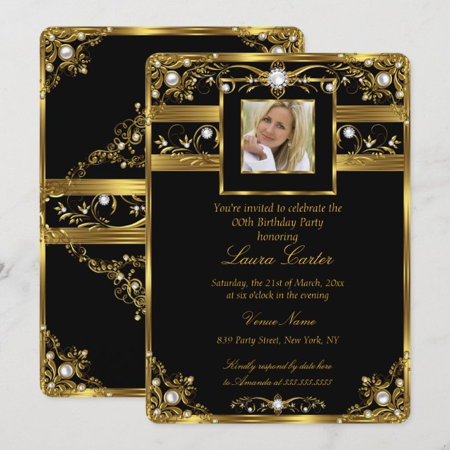 Invitación Elegante Blanco Negro Perla Dorada Foto Cumpleaños (Anverso / Reverso)