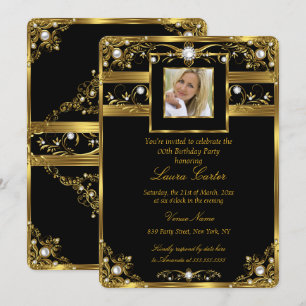 Invitación Elegante Blanco Negro Perla Dorada Foto Cumpleaños