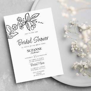 Invitación Elegante blanco negro simple floral Bridal Shower