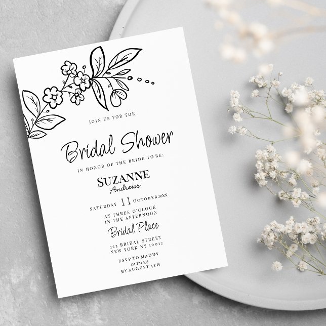 Invitación Elegante blanco negro simple floral Bridal Shower (Elegant black white simple floral Bridal Shower)